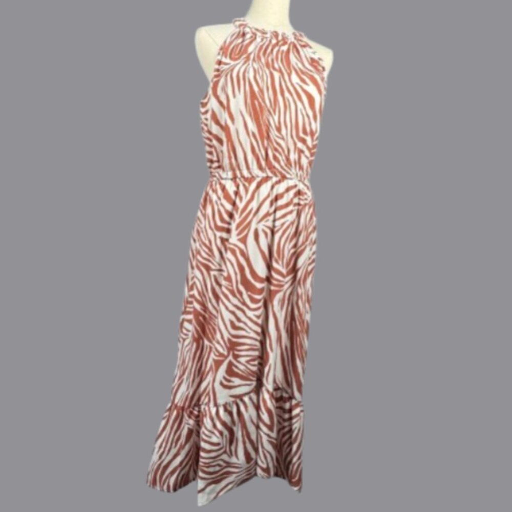 (L) Like New NINE WEST (What I call) Tan Tiger Halter High Low Dress